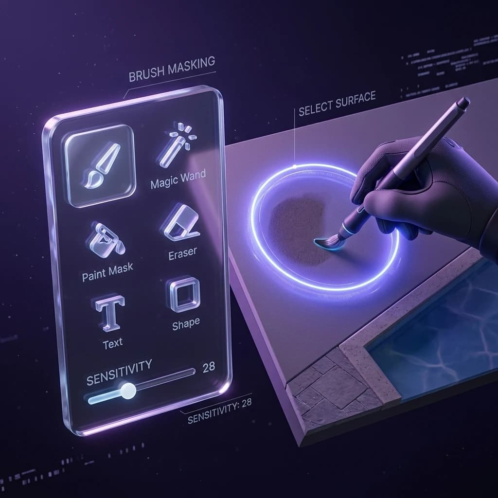 RenderMage Design tab with layer controls, brush tools, and materials.