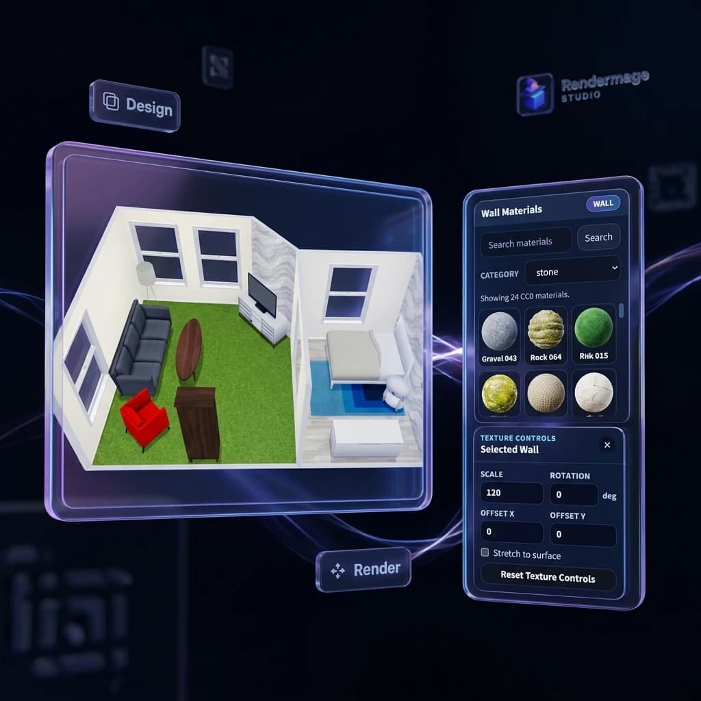 The Interior3D workspace with material controls and furniture placement.
