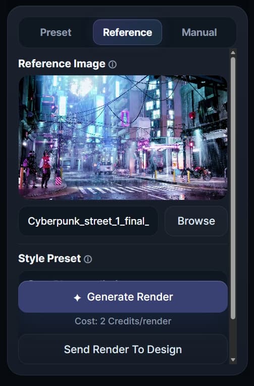 The reference-image workflow inside RenderMage Studio.